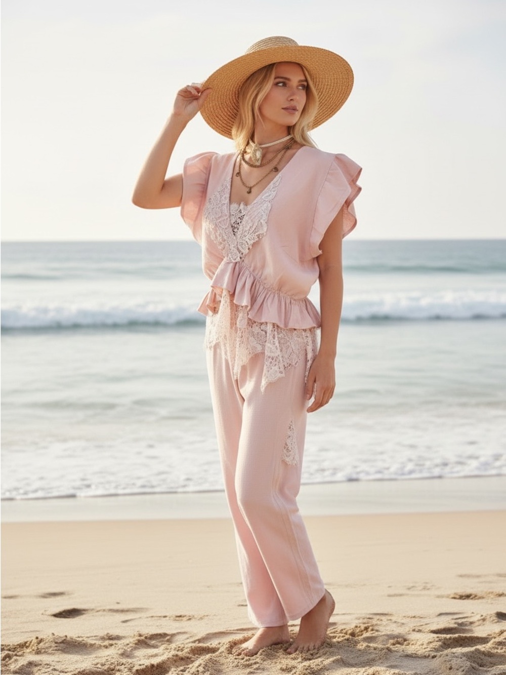 Pink Lace Two Piece Set Coastal Resort Wear Boho Cottagecore Size M
